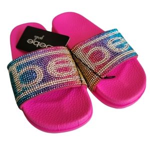 Bebe Girls Fuchsia Pink Multicolored Rhinestone Logo Slides, Size 11/12